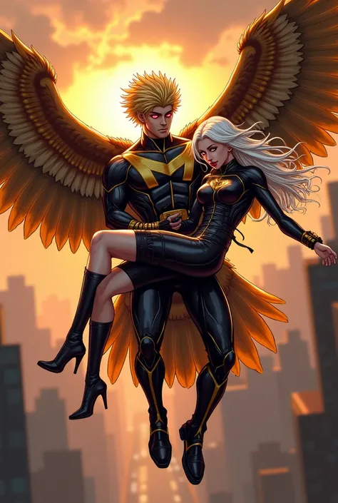 Imagine an action-packed moment, with Hawks (the hero with wings) in his usual costume, his golden feathers fluttering as hes soaring through the sky. The backdrop could be an urban cityscape, with the sun setting, creating a warm yet dramatic atmosphere. ...