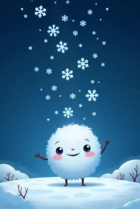 cute illustration of anthropomorphized snowflake, descending from the night sky