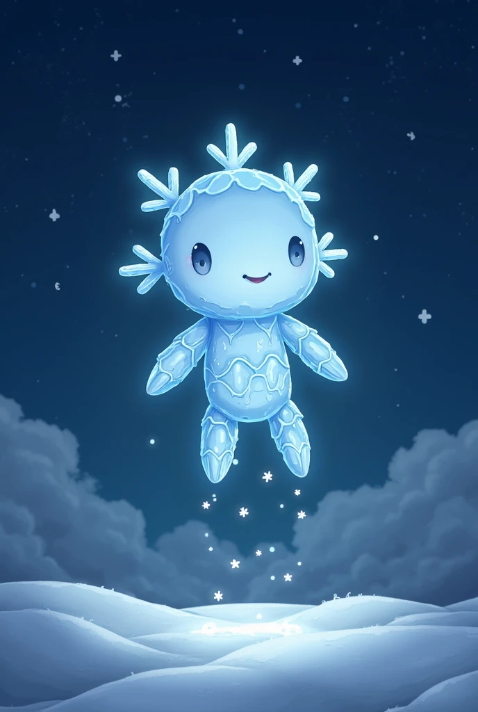 cute illustration of anthropomorphized snowflake, descending from the night sky