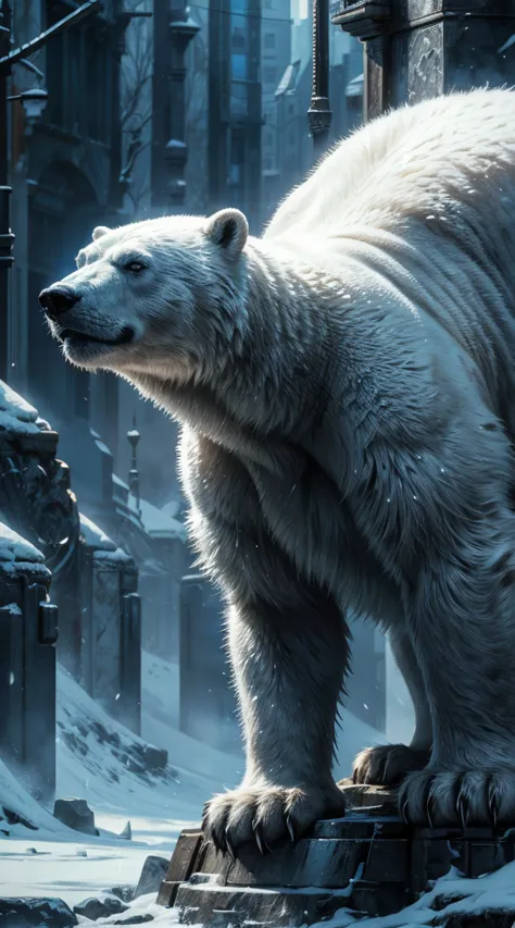 polar bear gargoyle ,   ,  best quality, masterpiece,   complex details ,   tone mapping,  concentration,   hyper detail ,   tre...