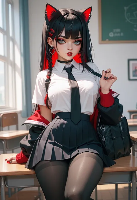  Emo girl with black hair and red locks, cat ear , big tits and thighs, schoolgirl outfit  ( white shirt ,  black tie, mimifalda ,  long black tights )