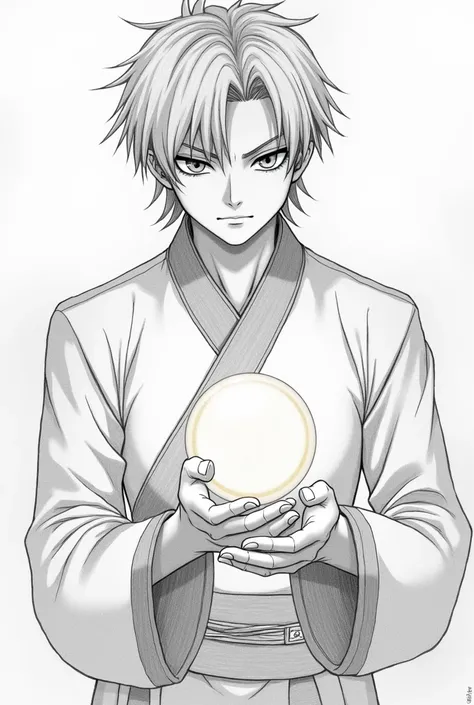 Pencil drawing of a man with a dragon sphere in his hand,  anime style  