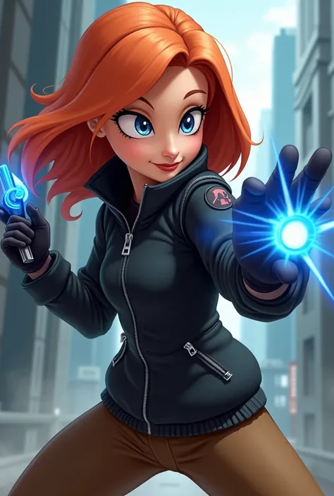 Aus Disneys Infinity-Anime-Stil: Kimberly Ann Possible with a blue weapon in mini combat,  oranges hair , cool evil black jacket,   zipper, brown pants 