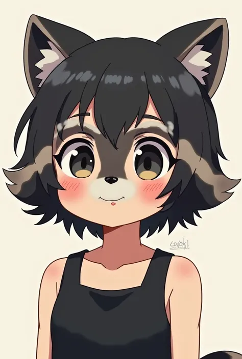  Japanese、30th Generation、 black hair、 Raccoon Face 、 black sleeveless 、 cute