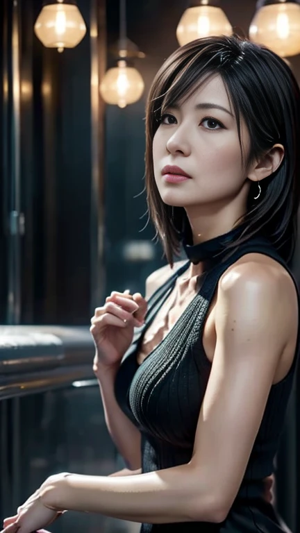 Art station trending, CGSociety Trends,  complicated,  attention to detail ,  sharp concentration, dramatic,  starry sky , Tifa Lockhart in Final Fantasy, Tifa&#39; Original Costume Final Fantasy 7 , Age 45, Mature Appearance,  Journey and Realistic Painti...