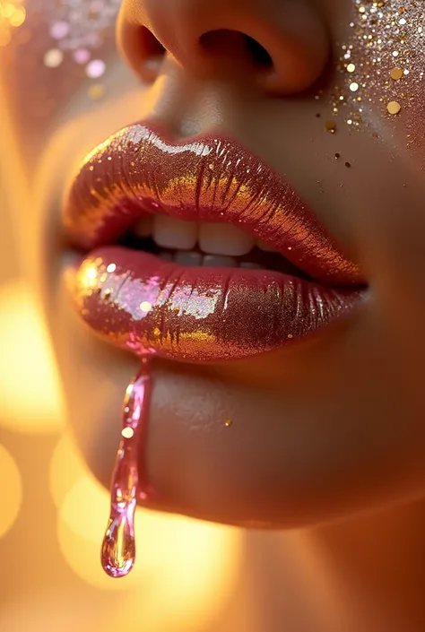 A close-up of a persons lips. The lips are coated with a glittery gold lip gloss, and they are adorned with multiple pink, glitterydroplets that appear to be dripping down. The background is a soft gold, complementing the color of the lips and the glitter....