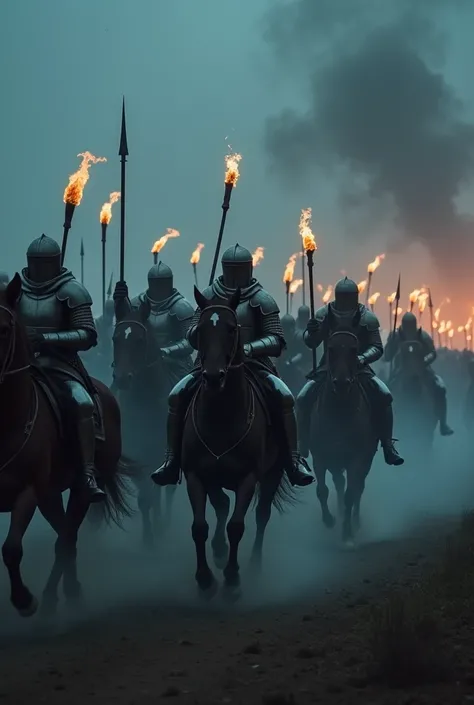 A dramatic and intense medieval cavalry charge under the cover of night, featuring a line of armored knights on horseback galloping at full speed through a thick cloud of fog and dust. Each knight wears polished steel plate armor that glimmers faintly in t...