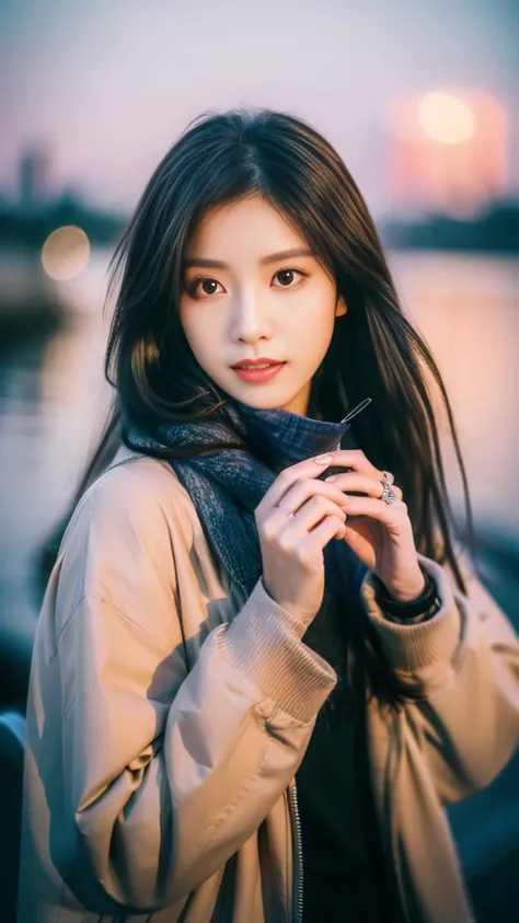  super quality、 ultra high resolution、8k、 comet 、The most beautiful woman in the world、（ brown long hair:1.5）、Small face、Thin, thin eyebrows 、（Midnight:1.5）、Orion、sea、 ultra reality stick、（ black jacket :1.5）、Wearing a scarf、 Sexy Expression 、 sexy pose、