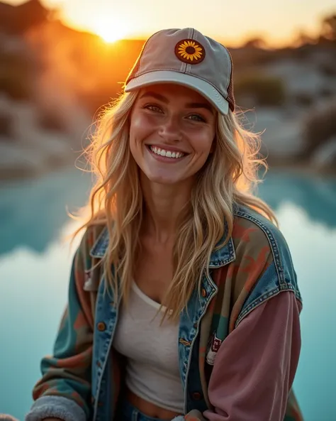 1 woman, 30yo,realistic photo, raw, close-up portrait:1.5, shes beside a natural blue lagoon hot-springs, travertine, outside, sun has just set, orange red sky, backlit (hot-springs steam:1.1) , (shes wearing tshirt, a colorful hand-made jacket, jean short...