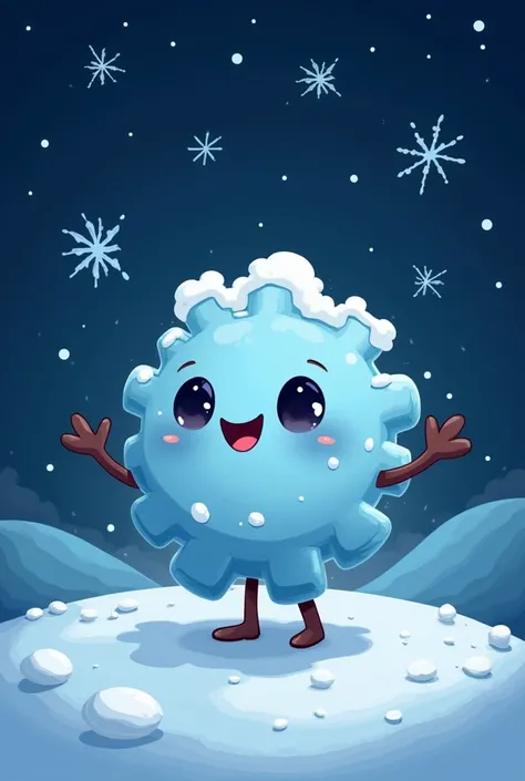 cute illustration of anthropomorphized snowflake, descending from the night sky