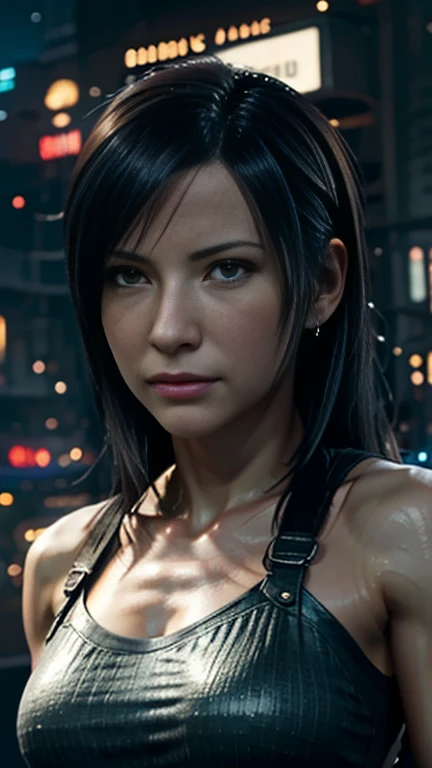 Art station trending, CGSociety Trends,  complicated,  attention to detail ,  sharp concentration, dramatic,  starry sky , Tifa Lockhart in Final Fantasy, Tifa&#39; Original Costume Final Fantasy 7 , Age 45, Mature Appearance,  Journey and Realistic Painti...