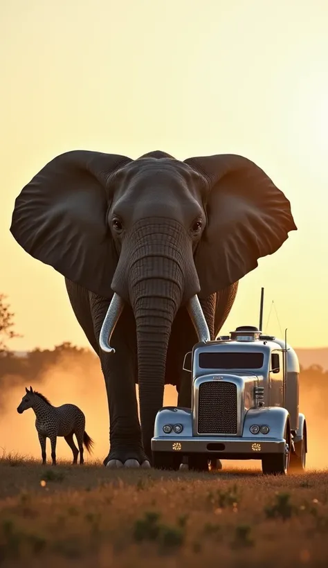  An enormous elephant truck parked in front of a real elephant in a safari setting. The truck has a massive, elephant-like trunk as its front grill, and the two elephants stand side by side, their massive forms creating a powerful contrast. The scene is se...