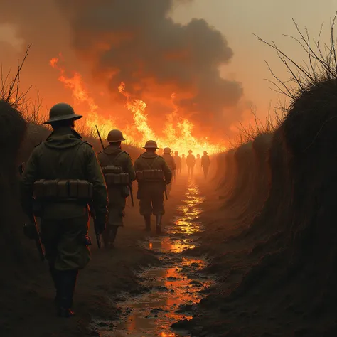 World War 1 trenches on fire