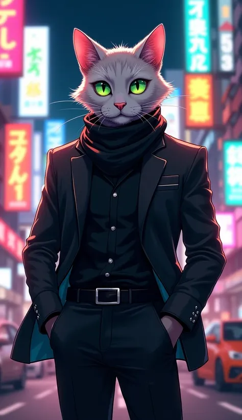 (by oouna, by honovy, by personalami, by clockhands) male, cat, solo, wearing jacket, green eyes, cat mccloud, wearing jacket, pants, scarf, fancy, black shirt, night, city, tokyo, street, akihabara, neon lights