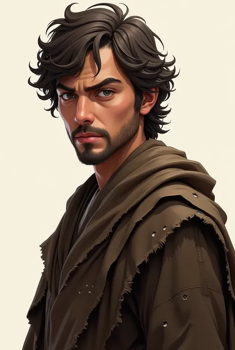 Create an image of a young man with dark brown curly hair with white tips, gray eyes and a light beard, wearing slightly rugged and torn dark brown Jedi Robes, stone cold facial expression, blank background, clone wars style