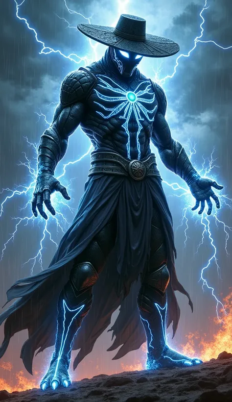 A powerful fusion between Raiden from Mortal Kombat and the Venom symbiote, in a scene full of energy and intensity. Raiden stands in a commanding stance, wearing his iconic wide-brimmed iron hat, now transformed with the symbiotes organic, shiny black tex...