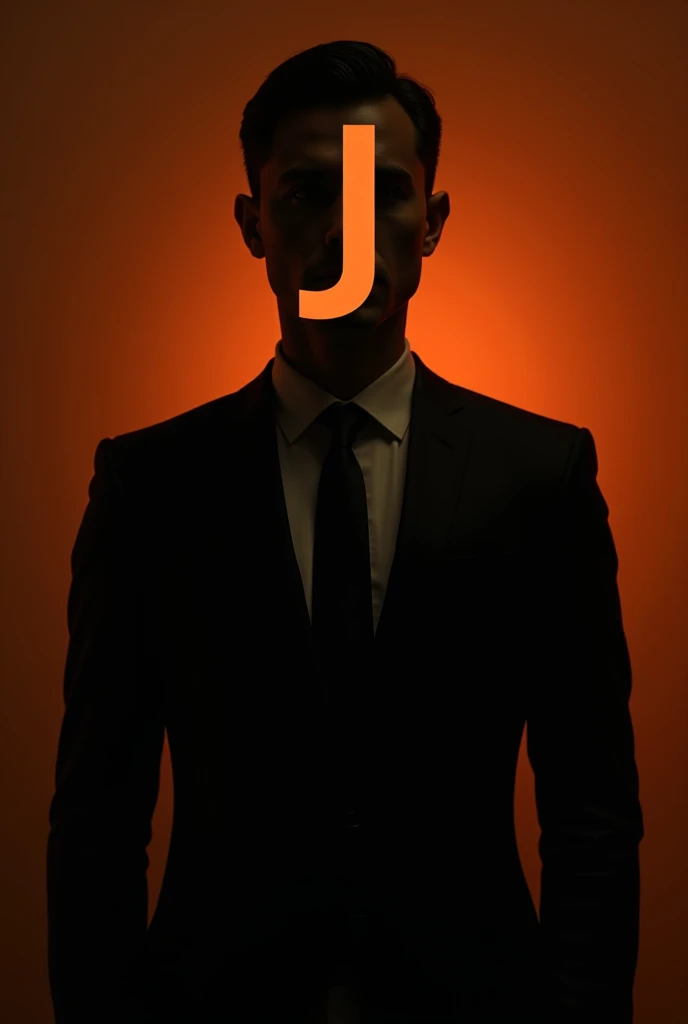 Portrait of an anonymous man in a black suit, with no facial features except for an J taking the place of his face. The background is dark orange, with shadowy lighting to enhance the mystery. The image evokes a sense of anonymity, similar to the style of ...