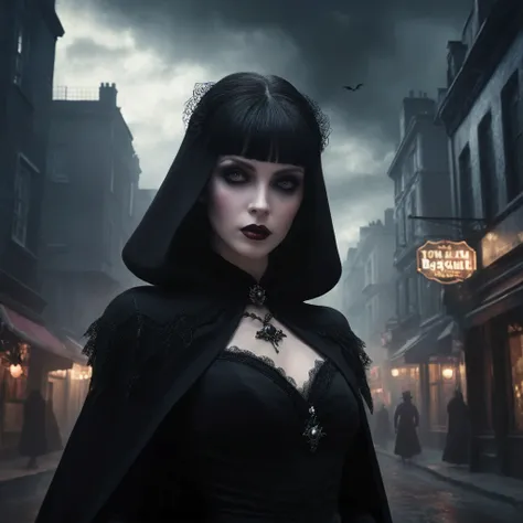 gothic woman in black dress and cape walking down a dark street, gothic city streets behind her, artstyle tom bagshaw, victorian vampire, in the style of tom bagshaw, portrait of a dark witch, style of tom bagshaw, portrait of beautiful vampire, portrait o...