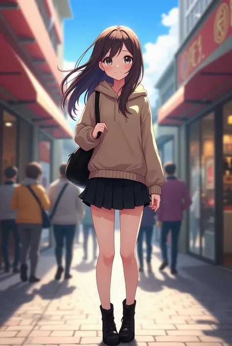 ,  girl brown hair ,  eyes gray ,  she is in a black short skirt ,  and in a black hooded sweater,  on the lock ,  black rough high boots .  She is smiling , and goes .  Shoulder bag black .
background: Shop Epicenter 
Style : the anime