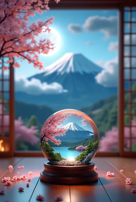 
“A luxurious living room with a fireplace, featuring a giant snow globe placed on the wooden floor. Inside the snow globe, a majestic scene of Mount Fuji takes center stage. The iconic snow-capped peak rises gracefully, surrounded by lush green forests at...