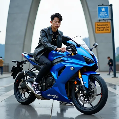 Handsome Korean man,stylish clothes, shiny short black hair, wearing sneakers, sitting on a glossy blue sports motorbike, there is a monument, there is a writing "SELAMAT DATANG DI GARSEL CITY"