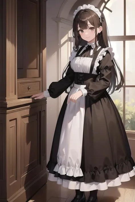 masterpiece、 best quality、beautiful、Fine Lines、 girl、 brown hair、 long hair、 Brown Eyes 、smile、Pale lips、black maid clothes、gothic lolita maid clothes、 Long Skirt、white maid apron、Frills、 black pantyhose 、living、Maid standing、