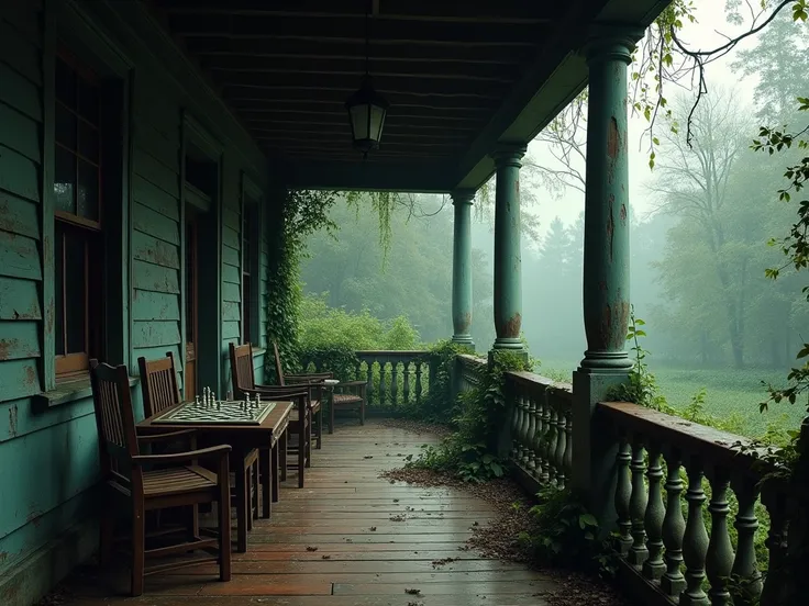  porch of an old house from the last century .  old furniture and a chess game on the table, melancholic and dark atmosphere 