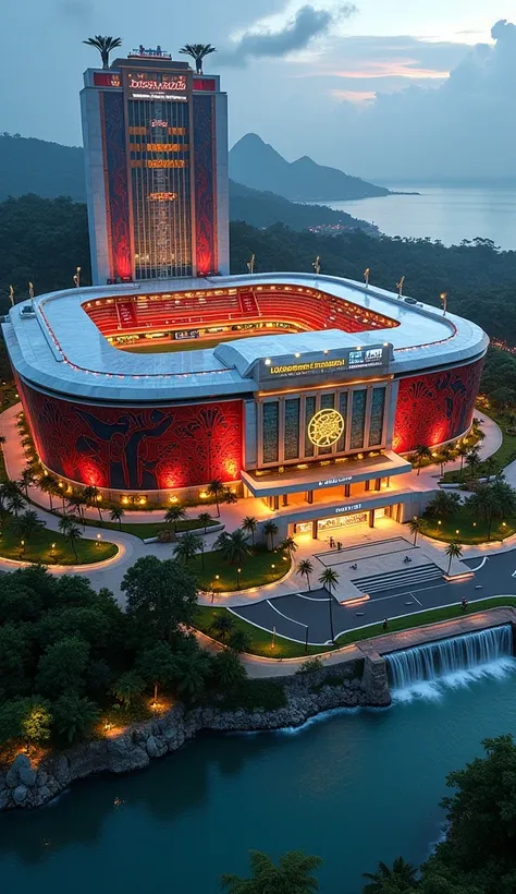  a unique model stadium clad in marble lit red white and yellow lights above it resembling bird garuda there is a mall and an overpass above the storied stadium and red and white lights are on and on the edge of the middle roof there is a lid when it rains...