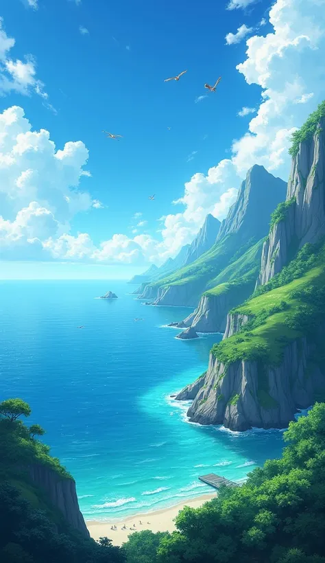 The illustrations by Makoto Shinkai are very fantastical.The view from the seaside shows the sea stretching far into the distance.The sky is clear, but you can see many clouds.