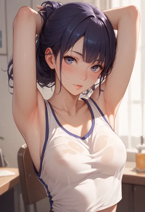 Armpits見せている，blush，no nipples ，Armpits， tank top 