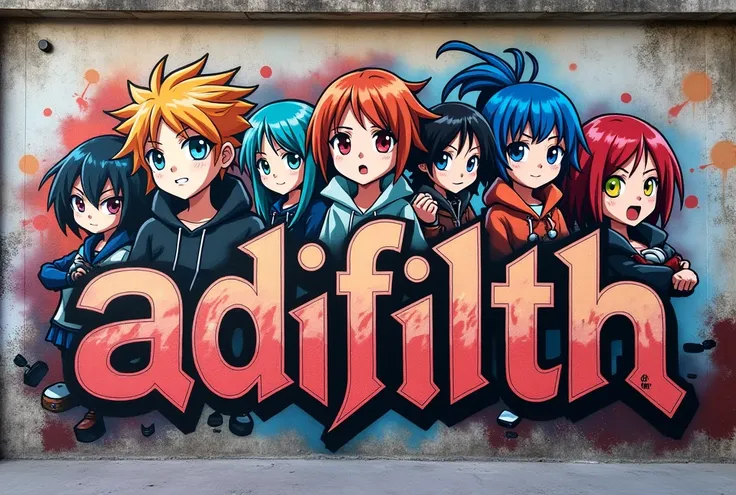 (( best quality ),  graffiti with the name AdiFilth, And with anime characters