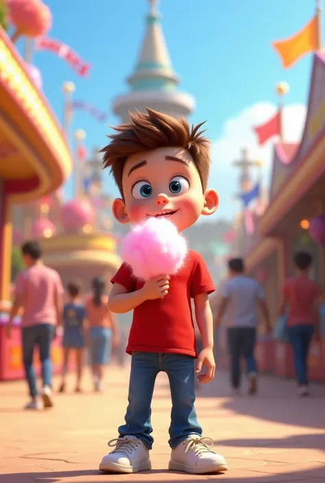 Ethan, , Male, Short, spiky brown hair, Fair-skinned with freckles, bright blue eyes, Bright red t-shirt, Blue jeans, White sneakers, In a bustling amusement park with colorful rides and happy crowds. Ethan is eating cotton candy with a delighted expressio...