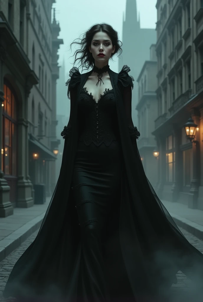 gothic woman in black dress and cape walking down a dark street, gothic city streets behind her, artstyle tom bagshaw, victorian vampire, in the style of tom bagshaw, portrait of a dark witch, style of tom bagshaw, portrait of beautiful vampire, portrait o...