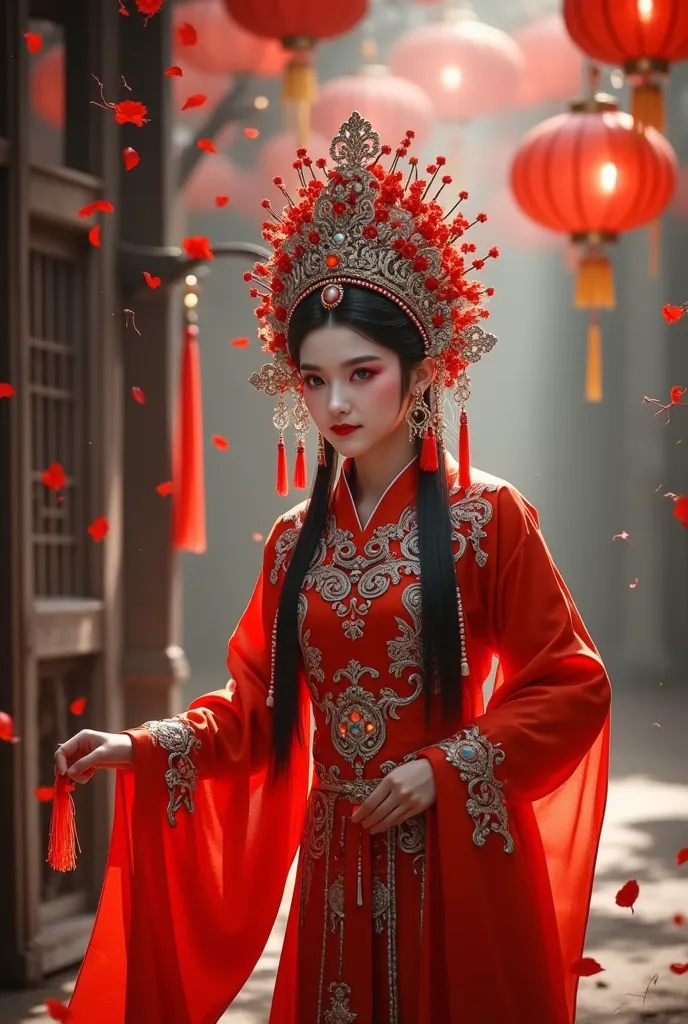 beautiful woman in traditional chinese opera costume, red opera dress, headdress, chinese horror, tassels, female performer, chi...