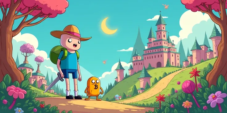 Finn from very small adventure time and bitcoin in an adventure time scenario
