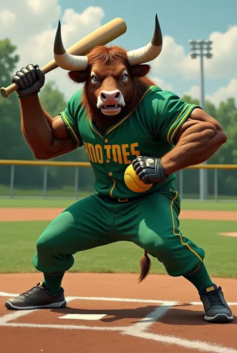 Aggressive bull playing softball, wearing green uniform 