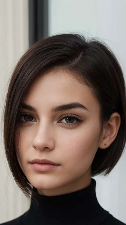 A close-up portrait of a teenage girl with short, sleek black hair styled into a chic bob that frames her sharp yet delicate features. Her skin is porcelain smooth, with a matte finish and a subtle blush on her cheeks. Her almond-shaped hazel eyes glisten ...