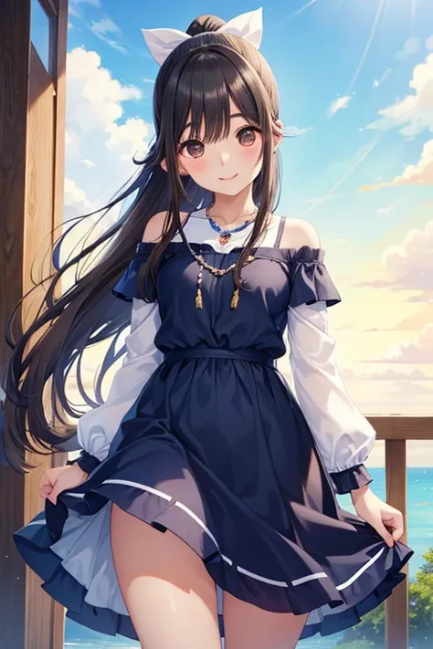 Takane Manaka、   shiny brown long hair、  ribbon ponytail、  beautiful brown eyes  、smile、Sparkling Eyes, (fine grain)、  high definition eyes 、   Highly Detailed Face in Light Blue Underwear,   high definition eyes , 
masterpiece,   best quality,   high defi...