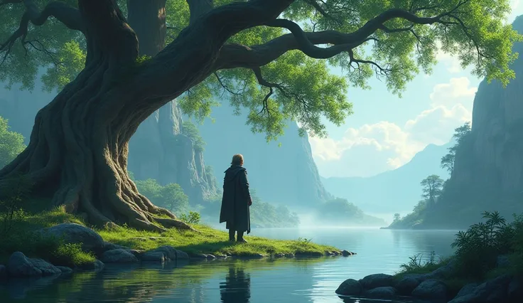 Elif and the old man ,  scene where he stands in front of a giant tree next to a magnificent pond. A moment when the tree ,  symbolizes the heart of the plateau ;  there is a peaceful and mystical air around , Draw in animation style but realistic.