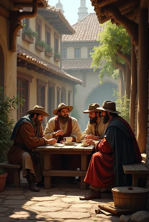 MEDIEVAL MERCHANTS TAKE A BREAK FOR COFFEE