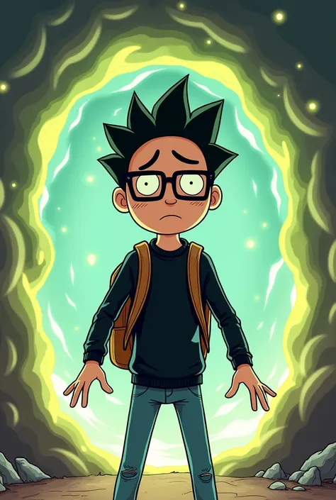  Create an illustration inspired by the cartoon Rick and Morty,  a 16-year-old boy with spiky black hair ,  brown eyes ,  rectangular black glasses , black sweater,  jeans,  he is coming out of a mortal and is confused , He has a brown backpack around his ...