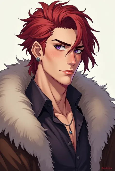 beautiful drawing, travelers robe, androgynous human, lavender eyes smart, light hair below the shoulders combed back, fighter aesthetic, dark red hair, anime style, portrait, facing the camera, freckles, fluffy hair, handsome features, 30 year old, broad ...