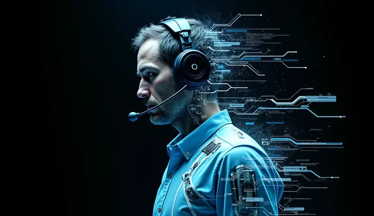 Biomechanical metamorphosis in motion [Call Center Operator male], headset on head. mixing mechanical forms with cybernetic components in mid-transformation. Use [blue] for cybernetic elements and [white] for technological parts to emphasize synthesis. Bla...