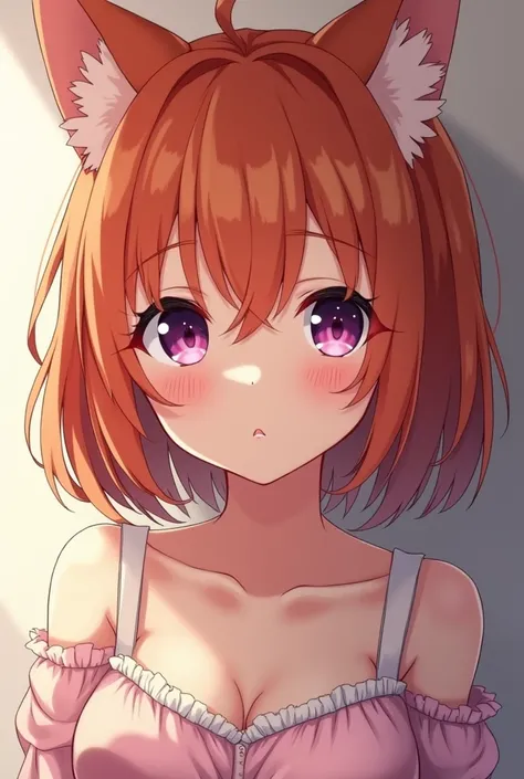 Solo focus, anime girl, orange hair, purple eyes, Neko Race , looking at viewerSeios grandes, Blush,  plain background, Backlighting,  AnimeFish Eye Lens, 