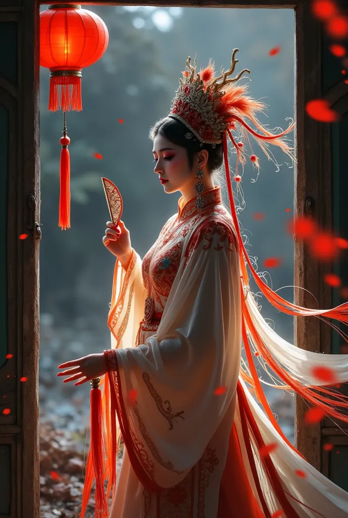 seen from the window，a picture wearing a chinese opera costume、beautiful flower demon wearing a crown,  chinese horror，tassel，fe...