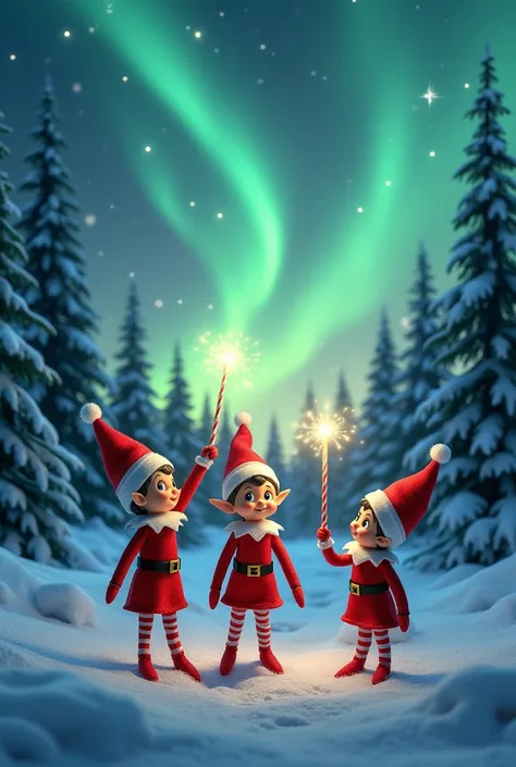 winter forest with aurora borealis with 3 elf on the shelf writing the name “We’re Back” in the sky with a magic wand 