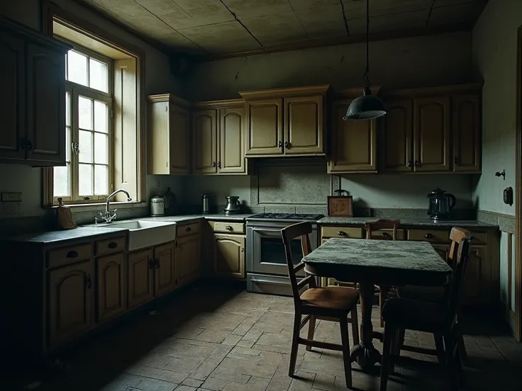 Kitchen of an old house from the last century. old antique furniture, melancholic and dark atmosphere 