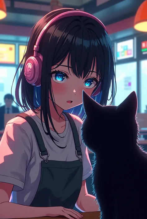 A girl cyberpunk with a headset , atentende do Mcdonalds,  Looking at a black cat Chromatic aberration abuse, anime, 