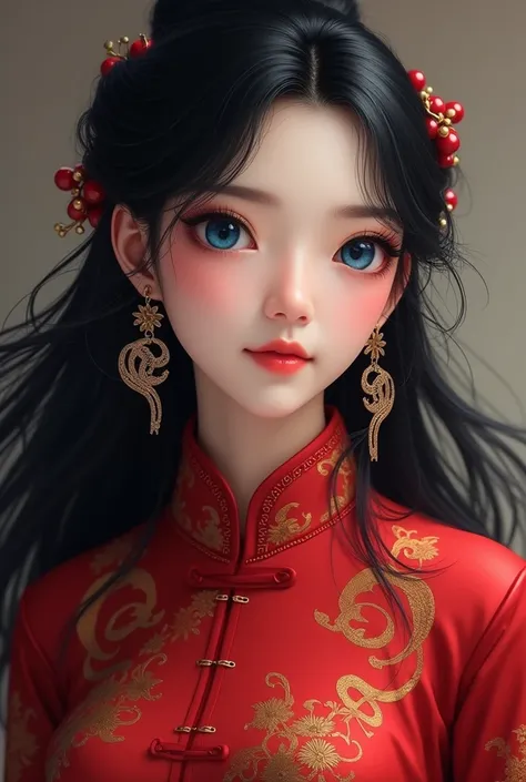 a beatiful blak haired woman, long black hair,  hime haircut, blue eyes, wearing a red Cheongsam Dress, snake earrings.