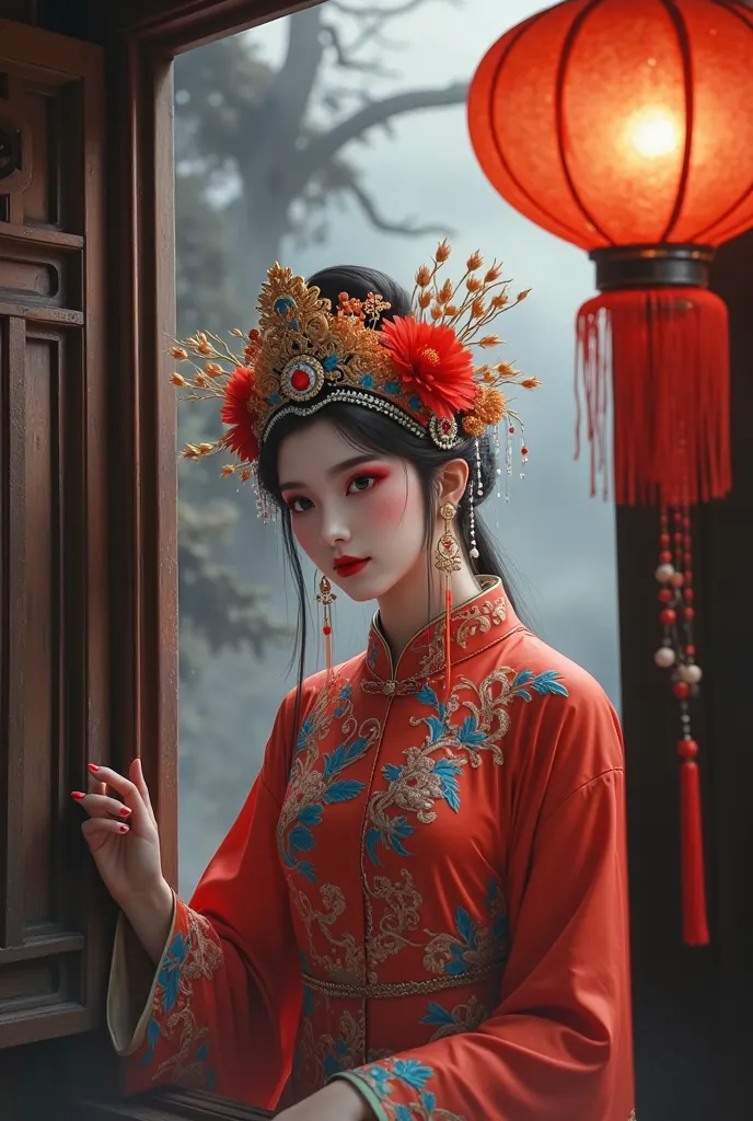 seen from the window，a picture wearing a chinese opera costume、beautiful flower demon wearing a crown,  chinese horror，tassel，fe...